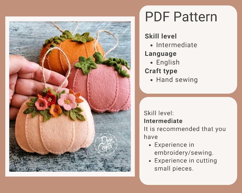 Felt Pumpkin ornaments PDF Tutorial & Pattern for Hand Sewing / Swirls and Flowers / DIGITAL Instant Download image 3
