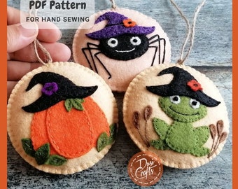 Halloween Witch Hat, Frog Spider and Pumpkin Felt ornaments DIY PDF Tutorial & Pattern for Hand Sewing / DIGITAL Instant Download