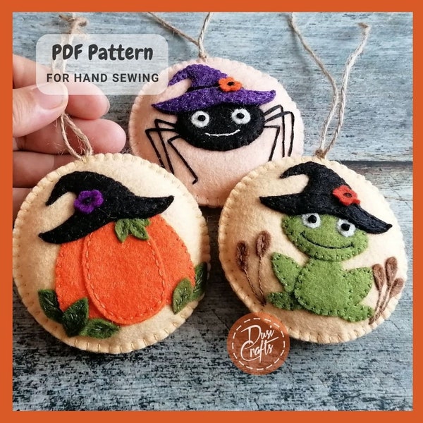 Halloween Witch Hat, Frog Spider and Pumpkin Felt ornaments DIY PDF Tutorial & Pattern for Hand Sewing / DIGITAL Instant Download