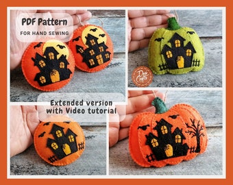 Halloween Felt Pumpkin ornaments PDF Tutorial & Pattern for Hand Sewing / Haunted House motif EXTENDED version / DIGITAL Instant Download
