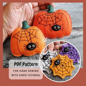 Tutorial y patrón en PDF de adornos de calabaza de fieltro para Halloween para coser a mano / Motivo de telaraña / Descarga instantánea DIGITAL