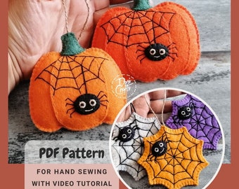 Halloween Felt Pumpkin ornaments PDF Tutorial & Pattern for Hand Sewing / Spider Web motif / DIGITAL Instant Download