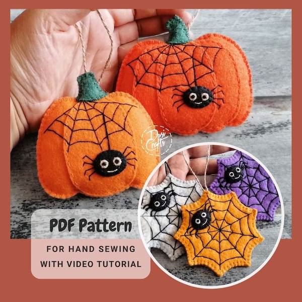 Halloween Felt Pumpkin ornaments PDF Tutorial & Pattern for Hand Sewing / Spider Web motif / DIGITAL Instant Download