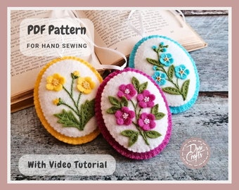 PDF Pattern for Felt Egg and Oval ornaments with Forget me not and Buttercup flowers, Hand Sewing Tutorial/ DIGITAL Instant Download