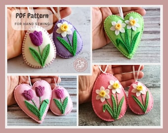 Felt Egg ornaments with Tulips and Daffodils, PDF Tutorial & Pattern for Hand Sewing / DIGITAL Instant Download