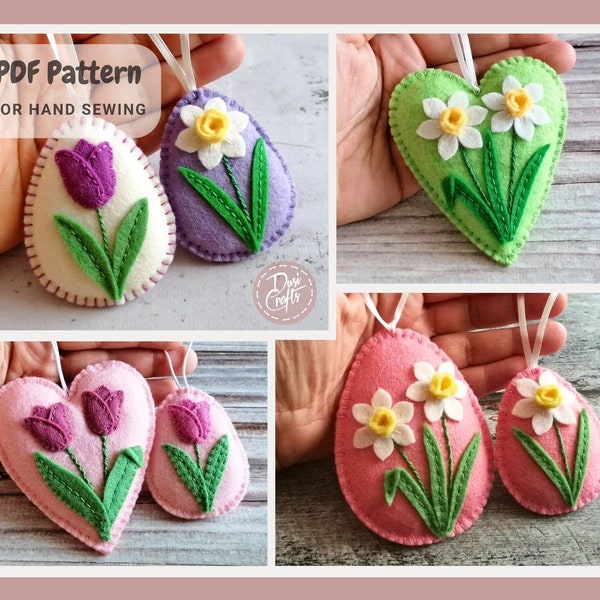 Felt Egg ornaments with Tulips and Daffodils, PDF Tutorial & Pattern for Hand Sewing / DIGITAL Instant Download