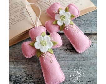 NEW / Pink Wool felt Cross ornament with flowers, Resurrection Cross, White Floral Easter cross