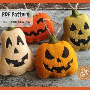 Halloween Pumpkin face Felt ornaments DIY PDF Tutorial & Pattern for Hand Sewing / DIGITAL Instant Download
