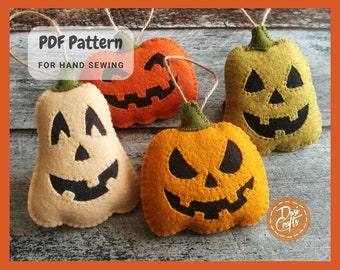 Halloween Pumpkin face Felt ornaments DIY PDF Tutorial & Pattern for Hand Sewing / DIGITAL Instant Download