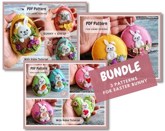 BUNDLE of 3  Easter bunny PDF Tutorial & Pattern for Hand Sewing for Felt ornaments / DIGITAL Instant Download