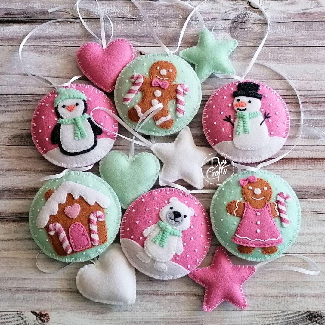 Set of 6 Felt Pink Mint Christmas Ornaments, Bundle of Gingerbread ...