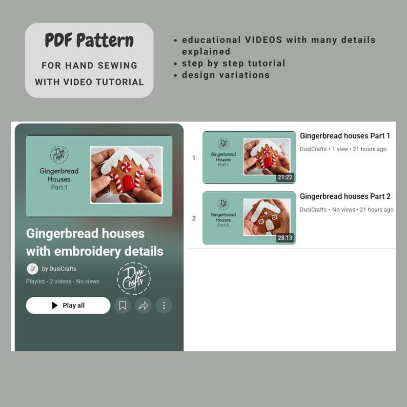 K&ouml;nnte beinhalten: Ein digitales PDF-Muster zum N&auml;hen von Lebkuchenh&auml;usern mit Stickdetails. Das Bild zeigt ein Video-Tutorial mit lehrreichen Videos, Schritt-f&uuml;r-Schritt-Anleitungen und Designvariationen. Die Video-Miniaturansichten zeigen Lebkuchenh&auml;user.
