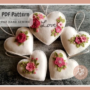 Felt Floral Love Heart ornaments PDF Tutorial & Pattern for Hand Sewing / DIGITAL Instant Download / Includes video instructions