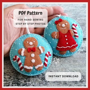 PDF Pattern for Gingerbread man and woman with Candy canes, Christmas ornament Tutorial for Hand Sewing /DIGITAL Instant Download