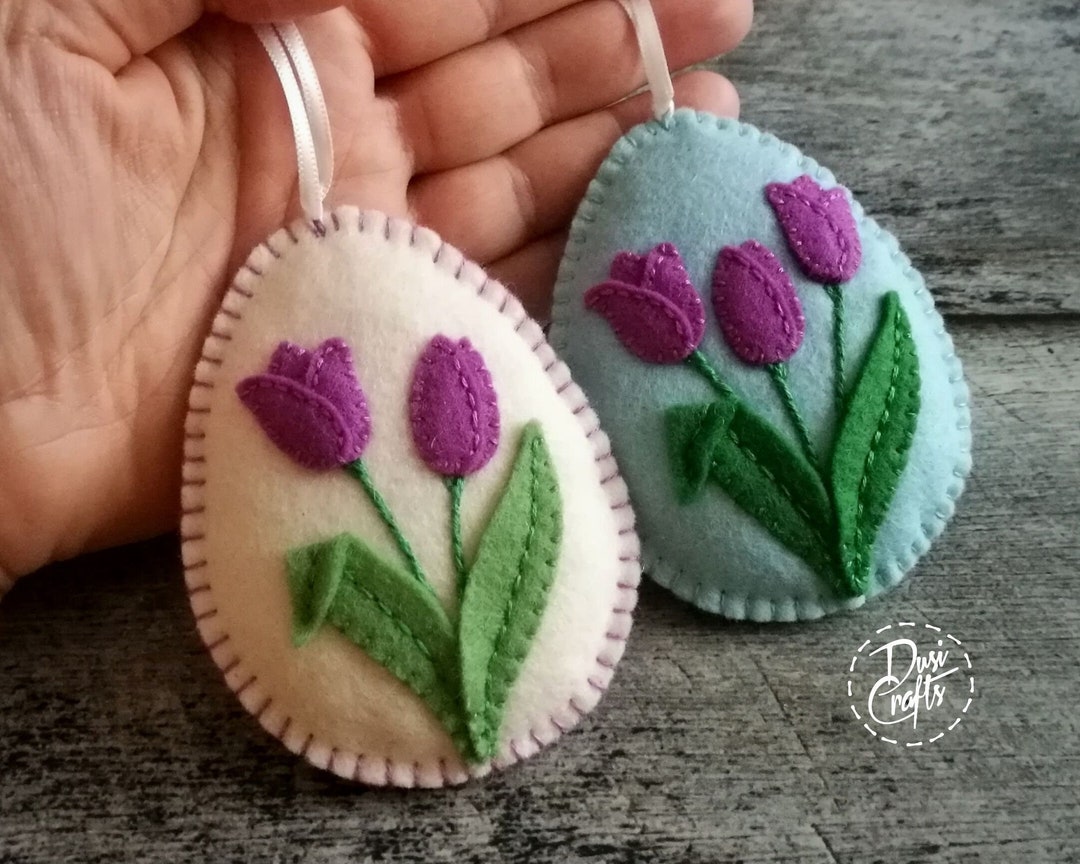 Bigger Felt Easter Ornament With Two or Three Tulips, Wool Felt Egg