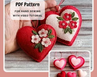 PDF Pattern for Felt Heart ornaments with Three flowers, Hand Sewing Tutorial/ DIGITAL Instant Download / Includes video instructions
