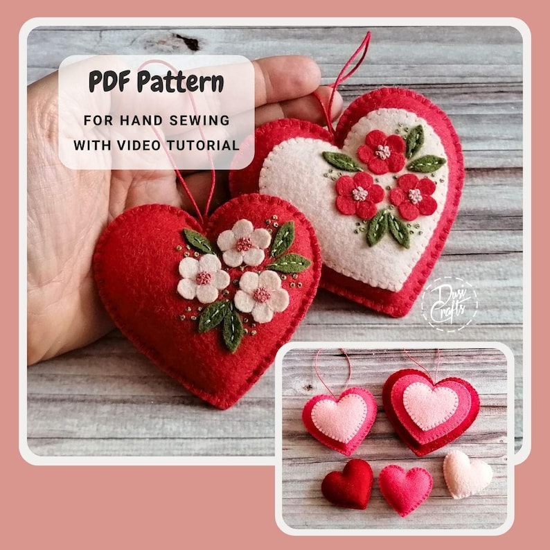 PDF Pattern for Felt Heart ornaments with Three flowers, Hand Sewing Tutorial/ DIGITAL Instant Download / Includes video instructions image 1