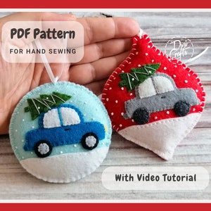 Tutorial y patrón en PDF para coser a mano de coche navideño con adorno para árbol / Descarga digital instantánea