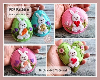 Felt ornaments with Bunny for Easter and Valentines, PDF Tutorial & Pattern for Hand Sewing / DIGITAL Instant Download