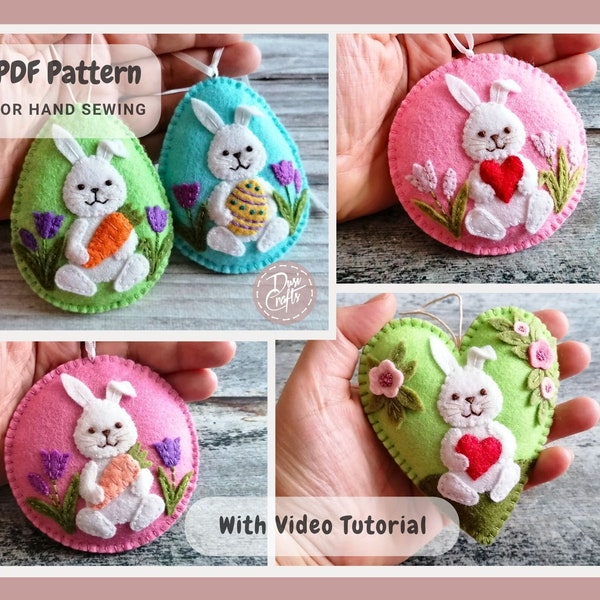 Felt ornaments with Bunny for Easter and Valentines, PDF Tutorial & Pattern for Hand Sewing / DIGITAL Instant Download