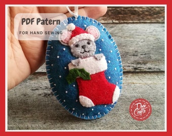 Mouse in Christmas stocking ornament PDF Tutorial & Pattern for Hand Sewing / Oval shape / DIGITAL Instant Download