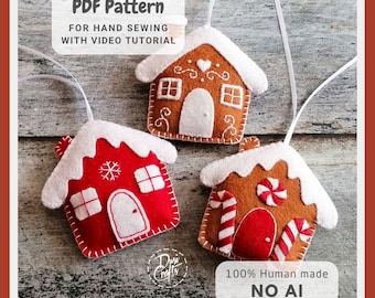 May include: Three felt house ornaments with white hanging strings. One is red with a white roof and snowflake, one is brown with a white roof and swirl details, and one is brown with a white roof, candy canes, and a peppermint candy accent.