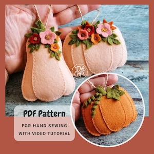 フェルトで作るかぼちゃのオーナメントのPDFチュートリアルと手縫い用パターン / 渦巻きと花 / デジタル即時ダウンロード