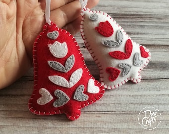 Set of 2 Felt Christmas Bell ornaments with Folk art, White Red Felt Christmas decoration / MADE TO ORDER