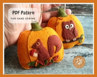 Felt Pumpkin ornaments PDF Tutorial & Pattern for Hand Sewing / Owl and Squirrel motifs / DIGITAL Instant Download