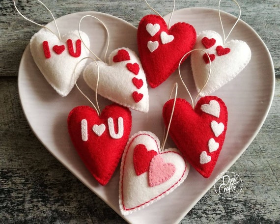 Set of 3 Felt Heart Ornaments, Red and White Valentines Day Decor