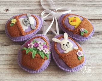 READY TO SHIP / Yellow or Purple Easter decor, Felt eggs with Easter basket, flowers, lamb, chicken and bunny, Easter decorations / set of 4