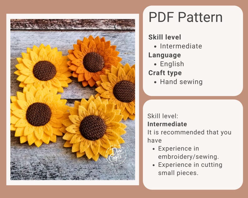 PDF Pattern for Felt Sunflower Heart ornaments, Hand Sewing Tutorial/ DIGITAL Instant Download / Includes video instructions image 3