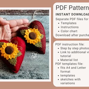 PDF Pattern for Felt Sunflower Heart ornaments, Hand Sewing Tutorial/ DIGITAL Instant Download / Includes video instructions image 2