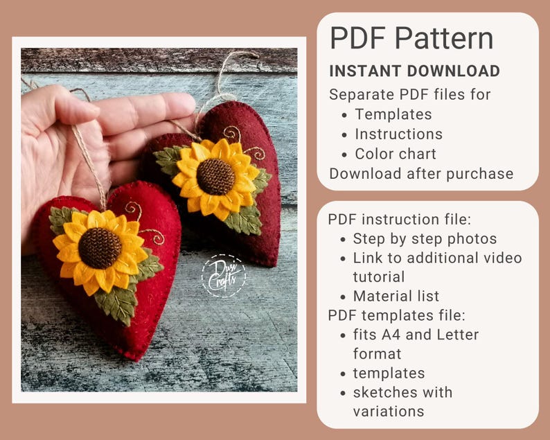 PDF Pattern for Felt Sunflower Heart ornaments, Hand Sewing Tutorial/ DIGITAL Instant Download / Includes video instructions image 2