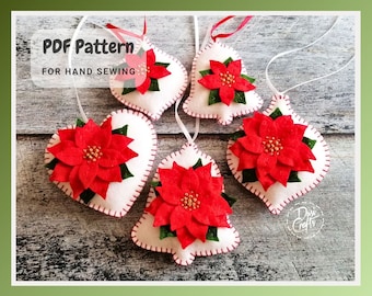 Filz Weihnachten Poinsettia Blume PDF Anleitung & Muster für Hand Nähen Herz und Kugel Ornamente / DIGITAL Instant Download