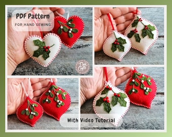 Adornos navideños de fieltro con muérdago y acebo PDF Tutorial y patrón para coser a mano / Descarga instantánea DIGITAL