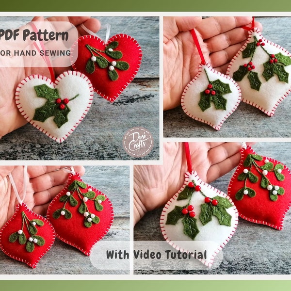 Felt Christmas Holly Mistletoe Bauble ornaments PDF Tutorial & Pattern for Hand Sewing / DIGITAL Instant Download