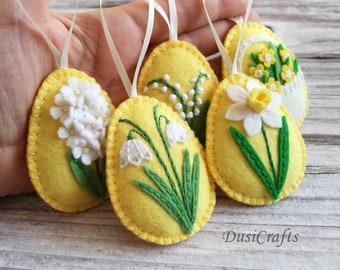 Felt Easter decor, Yellow flower Easter Eggs, ornaments, Lily of the valley, Spring decoration / set of 5 / MADE TO ORDER