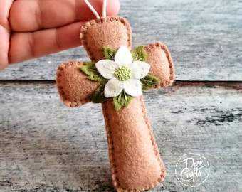 NEW / Brown Wool felt Cross ornament with flowers, Resurrection Cross, White Floral Easter cross