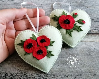 Red Floral Heart ornament with Poppies, Remembrance Day Gift, Gift for Mom, Poppy decor, Felt Valentine decor / READY to SHIP