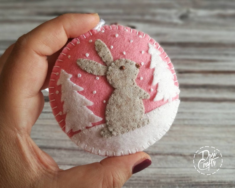 Wool Felt Christmas Bunny ornament, Rabbit ornament with / possible personalization on the back Pink