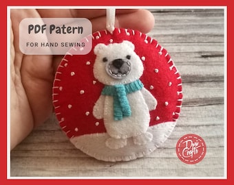 Adorno navideño de oso polar PDF Tutorial & Patrón para coser a mano / Forma redonda y campana / Descarga instantánea DIGITAL