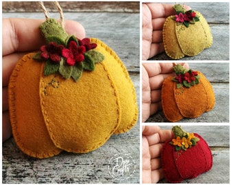 Smaller Pumpkin ornaments with flowers, Fall decorations, Autumn decor, Wool Felt  ornament - 1 ornament