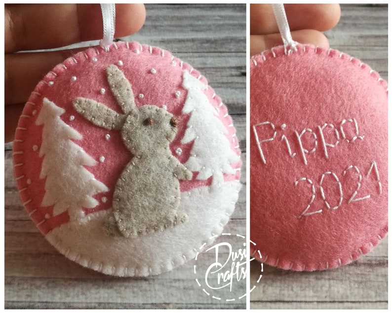 Wool Felt Christmas Bunny ornament, Rabbit ornament with / possible personalization on the back image 9
