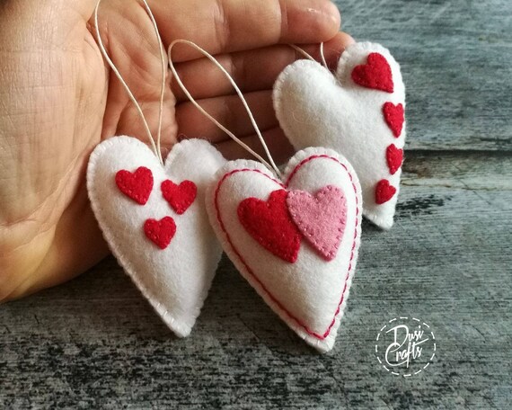 Set of 3 Felt Heart Ornaments, Red and White Valentines Day Decor