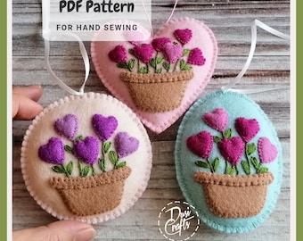 Patrón para macetas de fieltro con forma de corazón, tutorial de costura a mano en PDF / Descarga digital instantánea / Incluye instrucciones en video
