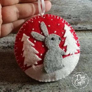 Wool Felt Christmas Bunny ornament, Rabbit ornament with / possible personalization on the back Red / Grey bunny