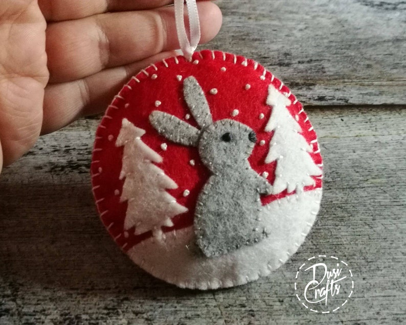 Wool Felt Christmas Bunny ornament, Rabbit ornament with / possible personalization on the back Red / Grey bunny