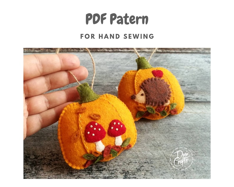 Felt Pumpkin ornaments PDF Tutorial & Pattern for Hand Sewing / Toadstools and Hedgehog motifs / DIGITAL Instant Download image 3