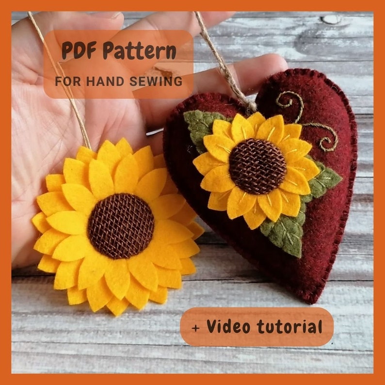 PDF Pattern for Felt Sunflower Heart ornaments, Hand Sewing Tutorial/ DIGITAL Instant Download / Includes video instructions image 10